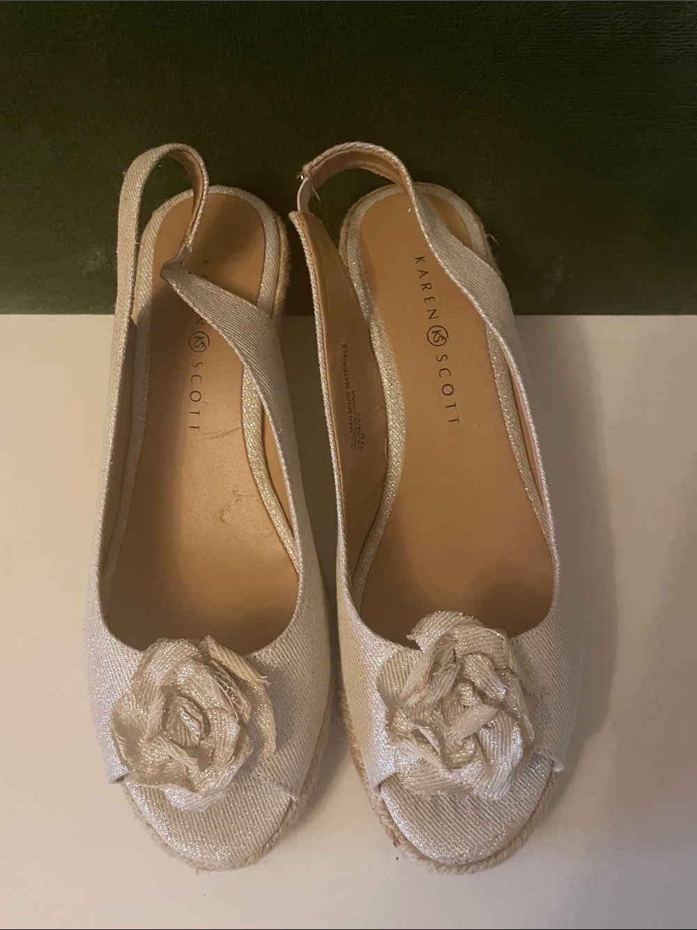 Karen Scott Ivory Slingback Peep-Toe Flats with Floral Rosette
